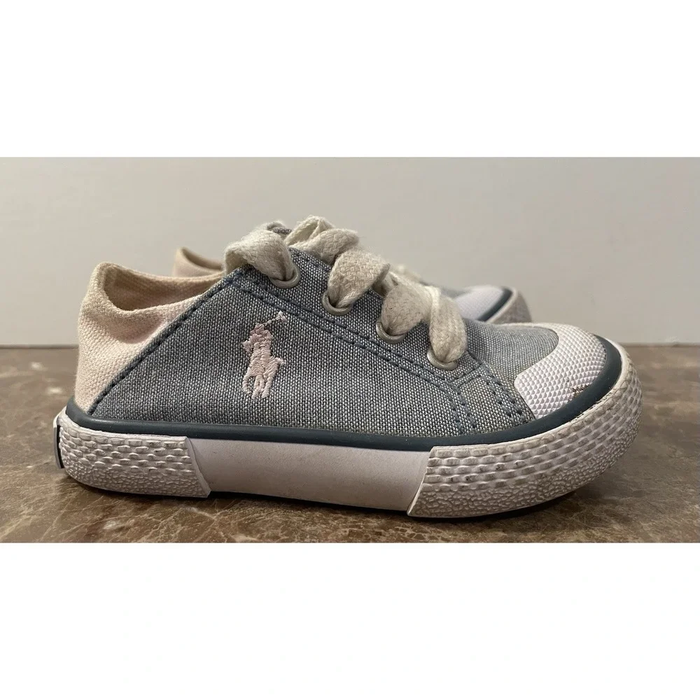 Polo Ralph Lauren Toddler Kid Baby Blue Denim Pink Sneakers Shoes Laces‎ Size 5
